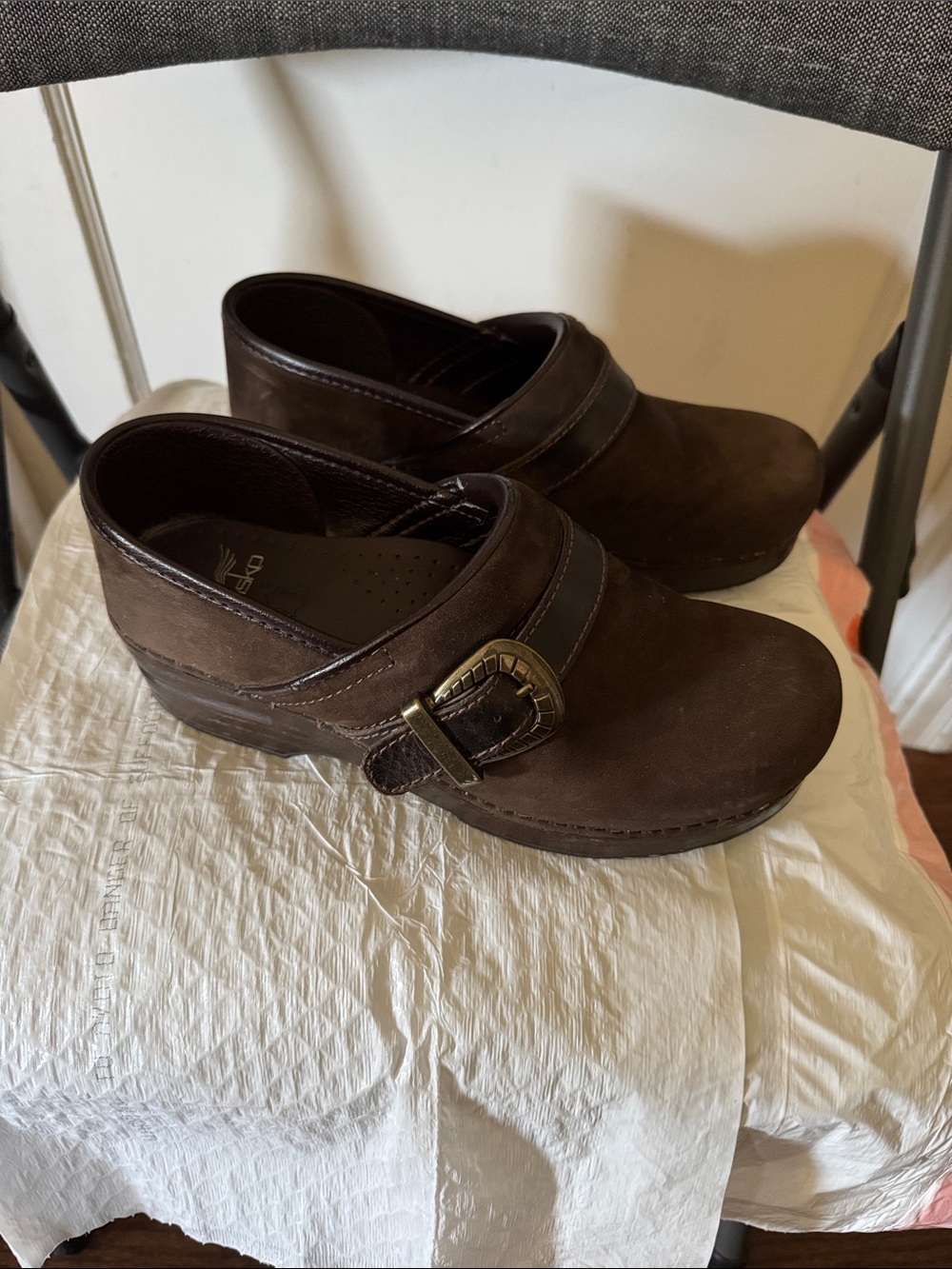 Dansko Brown Leather Clog Mules with Buckle Detail - Picture 2 of 6